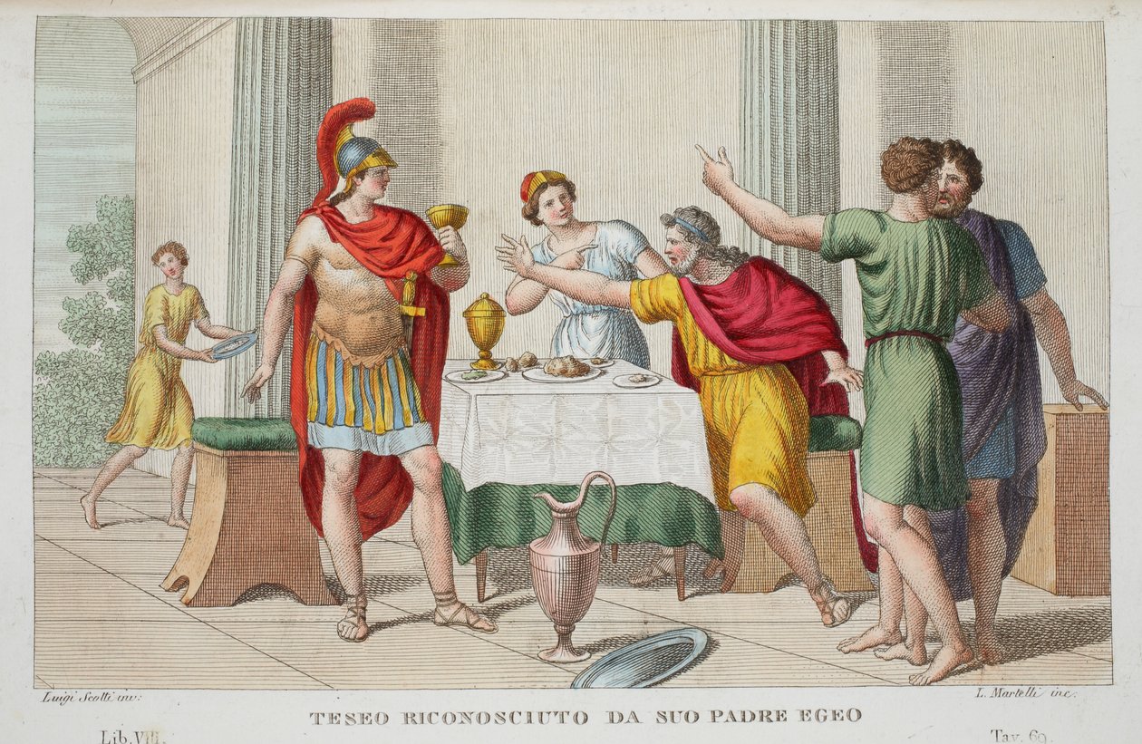 Theseus Recognised vagy Teseo Riconosciuto da Suo Padre Egeo, VII. könyv, illusztráció Ovidius Metamorphoses című művéből, Firenze, 1832 (kézzel színezett metszet). alkotó: Luigi Ademollo