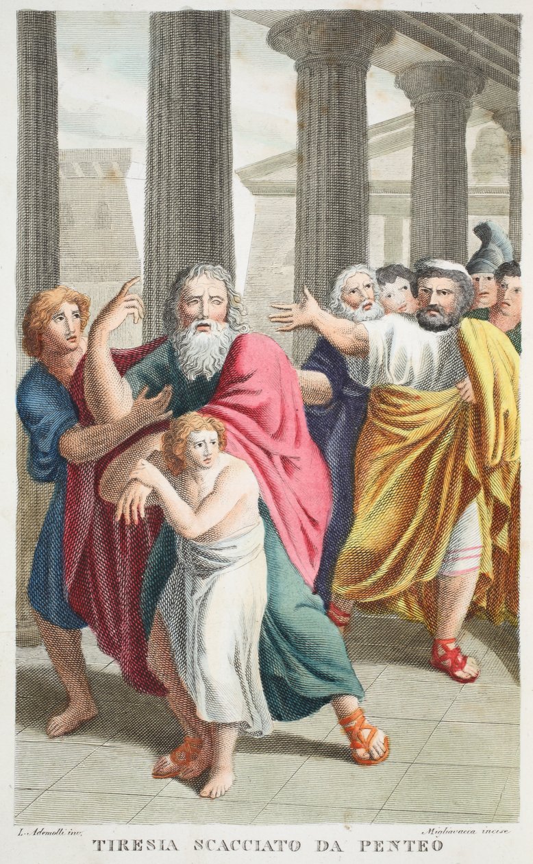 Pentheus vagy Tirenia Scacciato da Penteo által elbocsátott Tiresias, III. könyv, illusztráció Ovidius Metamorphoses című művéből, Firenze, 1832 (kézzel színezett metszet). alkotó: Luigi Ademollo