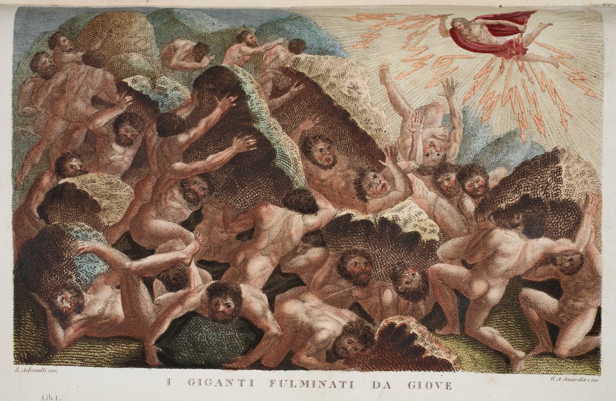 Óriások háborúja Jove ellen vagy I Giganti Fulminati da Giove, I. könyv, illusztráció Ovidius Metamorfózisaiból, Firenze, 1832 (kézzel színezett metszet) alkotó: Luigi Ademollo