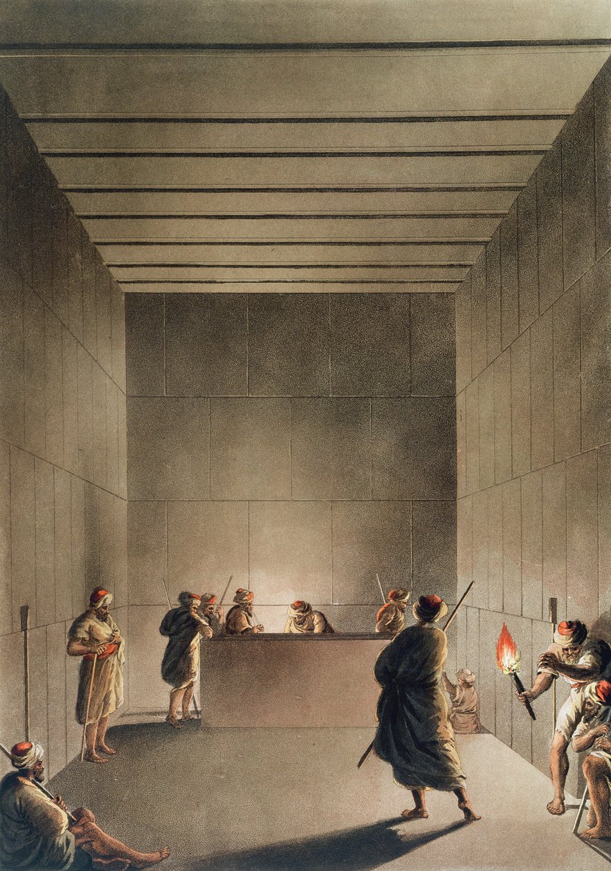 Kamra és szarkofág a gízai nagy piramisban, 6. tábla a „Nézetek Egyiptomban”-ból, Thomas Milton (1743-1827) kocsma metszetében. írta: Robert Bowyer (1758-1834) 1801 (akvatinta) alkotó: Luigi Mayer