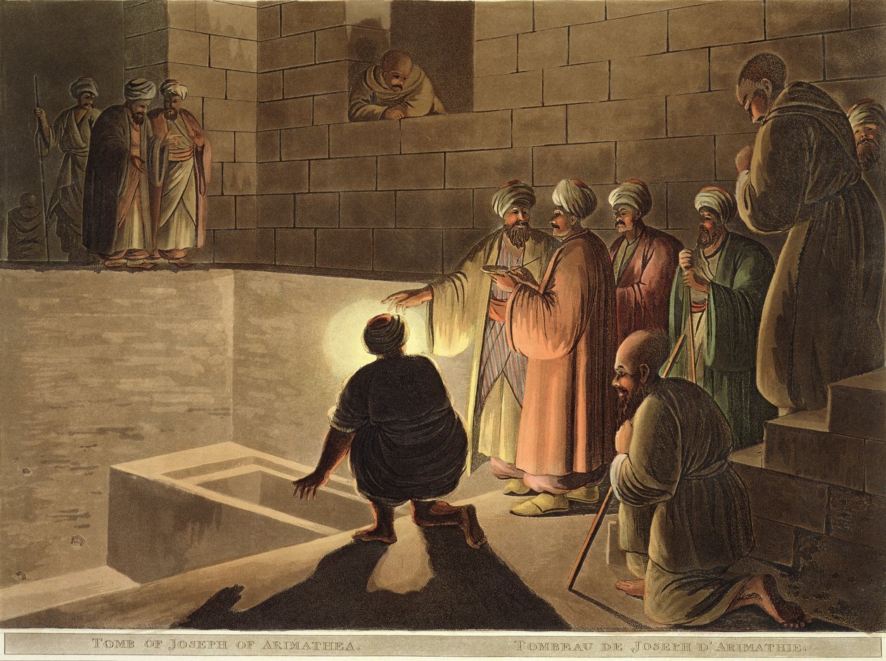 Arimateai József sírja, a "Views of Palestine" II. kötetéből, kiadta R. Bowyer Historic Gallery, London, 1803 (színes aquatinta). alkotó: Luigi Mayer