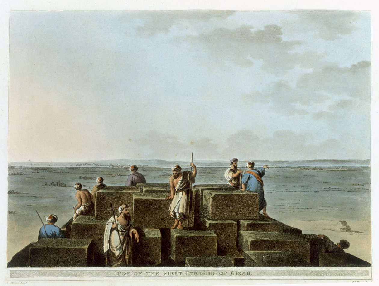 Az első gízai piramis teteje, 4. tábla az „Egyiptom látképéből”, Thomas Milton (1743-1827) kocsma metszetével. írta: Robert Bowyer (1758-1834) 1801 (akvatinta) alkotó: Luigi Mayer