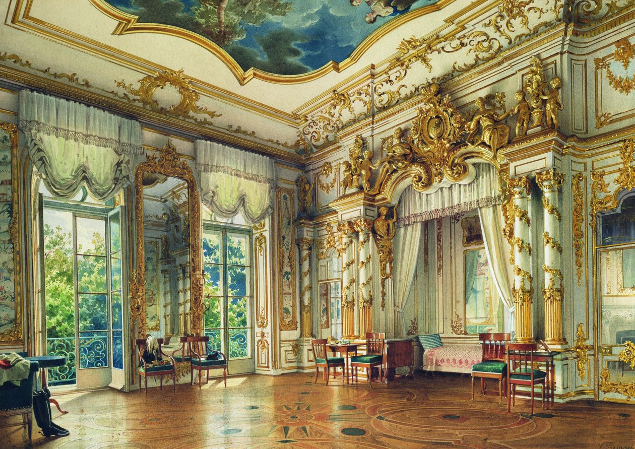 I. Sándor cár hálószobája a Sándor-palotában, Carskoje Selo, 1855 (wc és fehér szín a papíron) alkotó: Luigi Premazzi