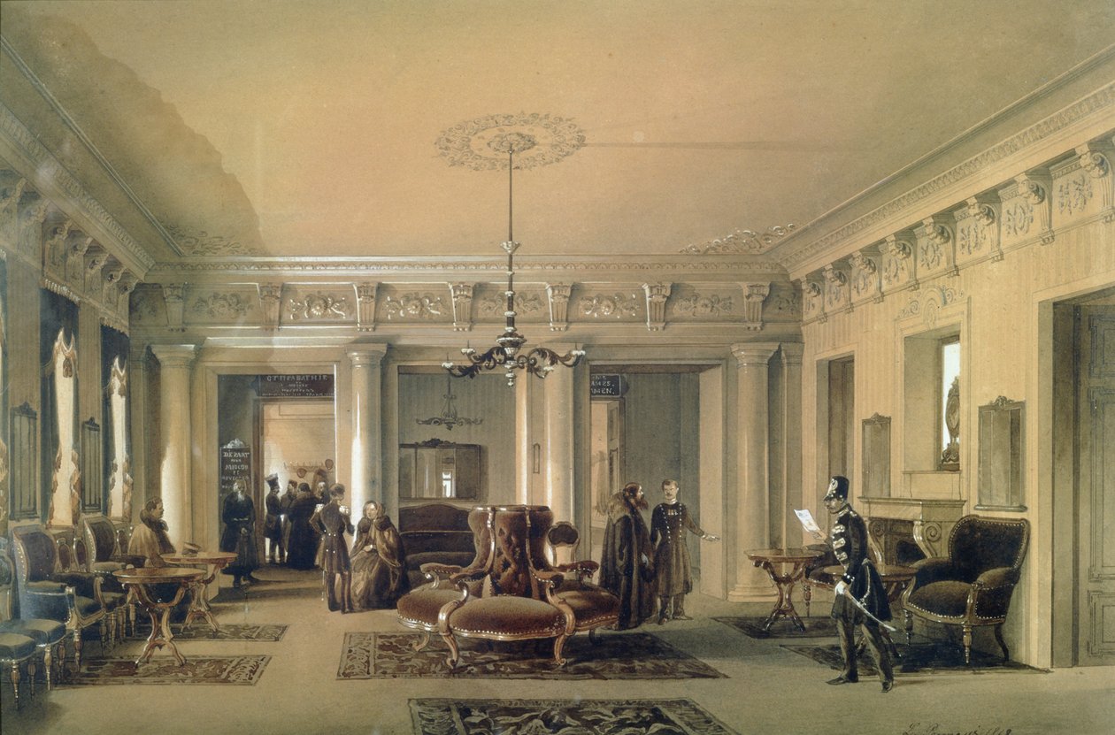 A szentpétervári Stagecoach állomás váróterme, 1848 (wc und gouache papíron) alkotó: Luigi Premazzi