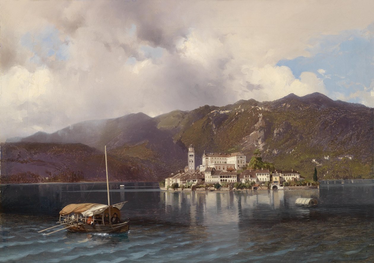 Nézd meg az Isola San Giulio -t az Orta -tóban / Piemontban alkotó: Luigi Riccardi