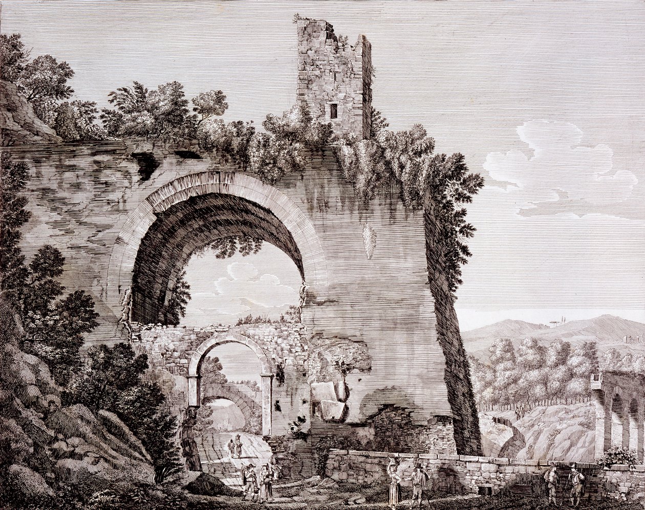 A Claudius által épített vízvezeték maradványai, amely az ókori Rómába vizet vitt a Tivoli melletti Anio-ból, 1824-26 körül alkotó: Luigi Rossini