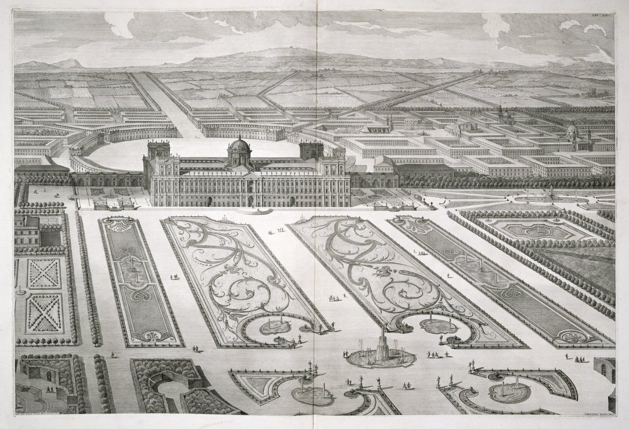 Palazzo di Caserta, a „Nyilatkozat a casertai királyi palota rajzairól”, Carlo Nolli (1770. o.) metszetéből, 1756-ban jelent meg. alkotó: Luigi Vanvitelli