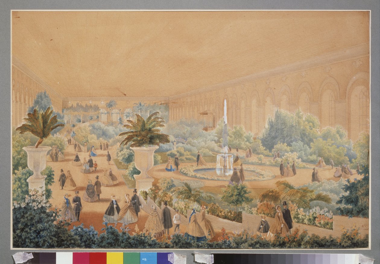 Virágkiállítás a moszkvai manézsban. Luigi Premazzi (1814-1891) munkája, akvarell és gouache papíron alkotó: Luigi Premazzi