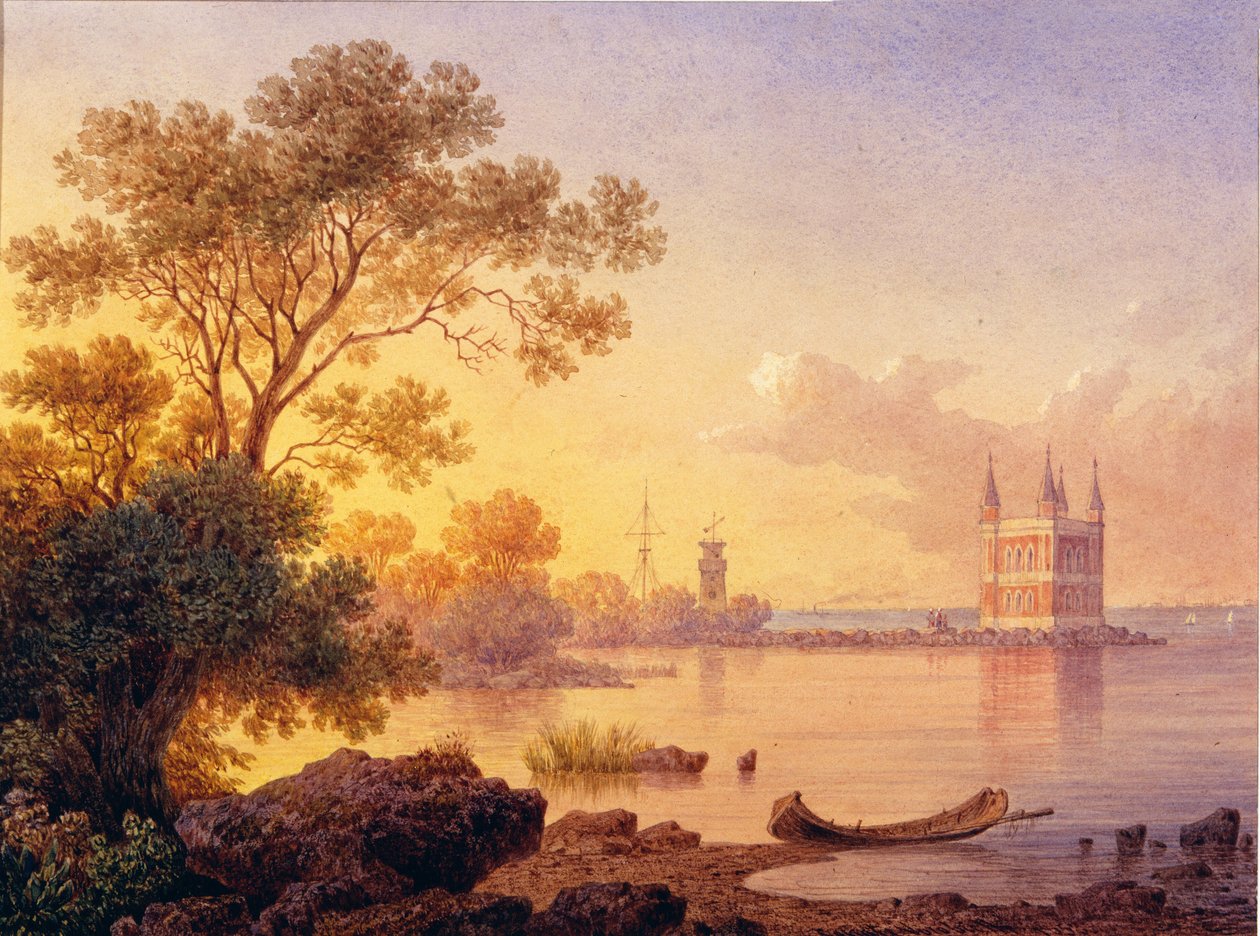 Kilátás a rózsaszín pavilonra (Ozerki) Peterhofban (Szentpétervár). Luigi Premazzi (1814-1891) munkája, akvarell papíron. 19. századi olasz művészet, akadémizmus. Állami Szabadtéri Múzeum Peterhof, Szentpétervár. alkotó: Luigi Premazzi