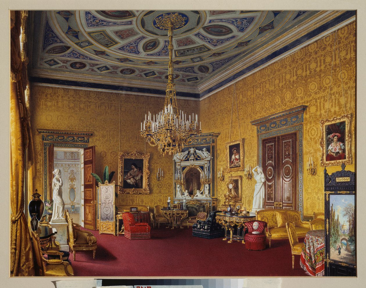 A Tsarkoye Selo (Oroszország) Nagy Palota Lyons Hallja (a sárga rajzterem). Luigi Premazzi (1814-1891) munkája, akvarell papíron alkotó: Luigi Premazzi