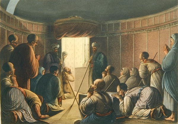 A Szent Sír-kápolna bejárata, a „Nézetek Palesztinában” című könyvből, 1804-es londoni nyomtatott (színes litó) alkotó: Luigi (after) Mayer