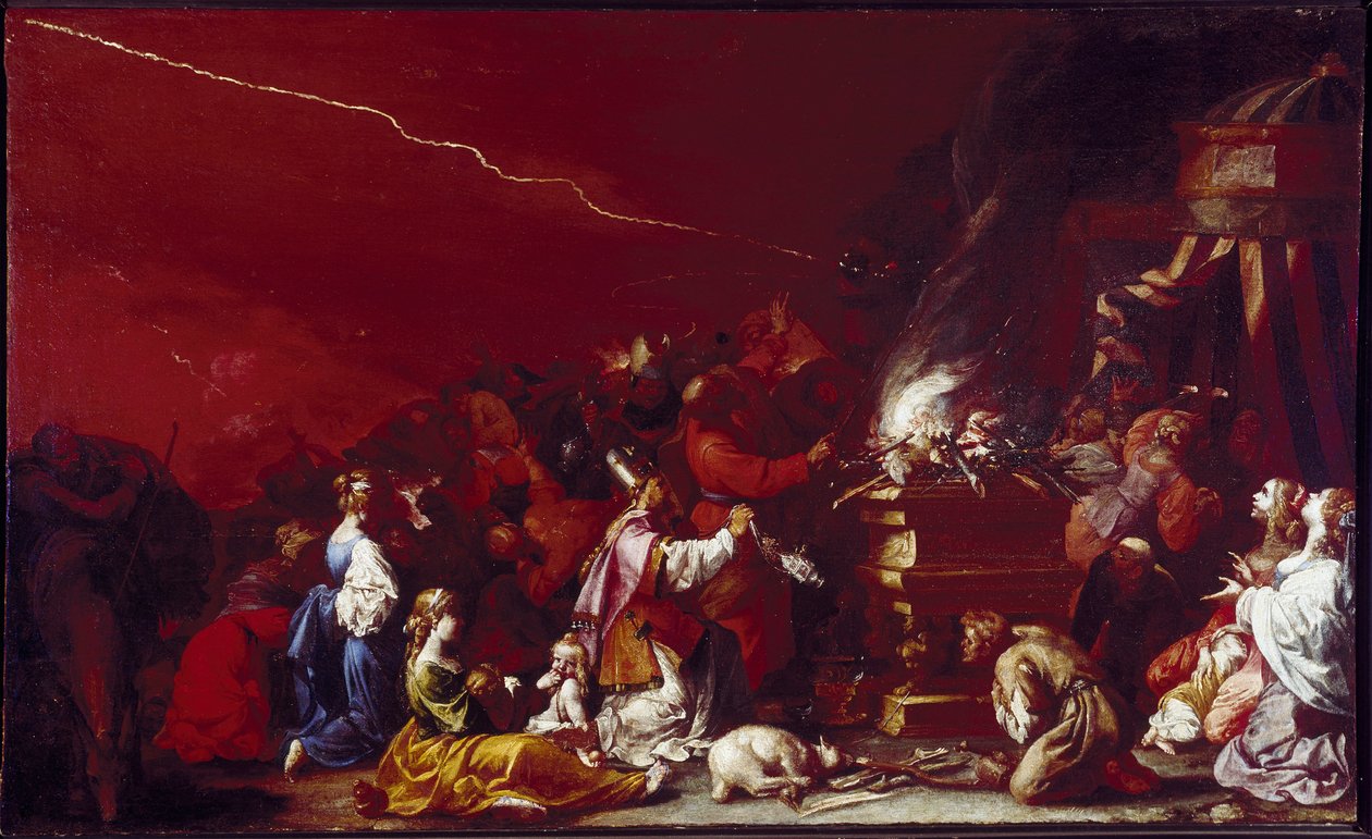 A Sacrifice Scene Biblia szereplői egy oltár köré csoportosulnak. Egy bárány fekszik az oltár lábánál. Luigi Miradori festménye dit Il Genovesino (kb. 1608-1655) 17. századi Parma, Galleria Nazionale alkotó: Luigi Miradori