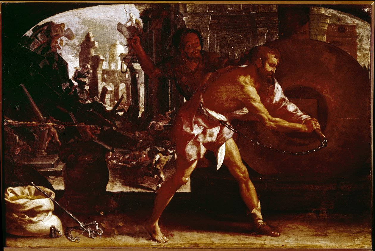 Sámson és a malomkő (olaj, vászon, kb. 1650) alkotó: Luigi Miradori