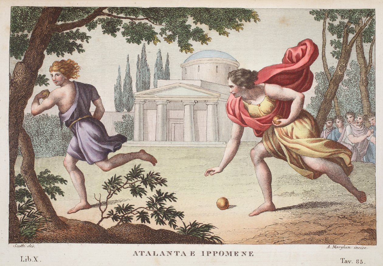 Atalanta és Hippomenes vagy Atalanta e Ippomene, X. könyv, illusztráció Ovidius Metamorfózisaiból, Firenze, 1832 (kézzel színezett metszet) alkotó: Luigi Ademollo