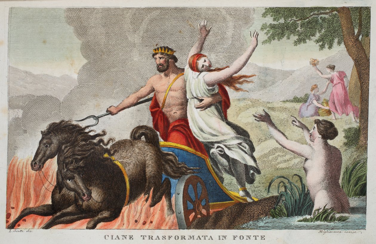 Cyane és Proserpina megerőszakolása vagy Ciane Transformata in Fonte, V. könyv, illusztráció Ovidius Metamorphoses című művéből, Firenze, 1832 (kézzel színezett metszet) alkotó: Luigi Ademollo
