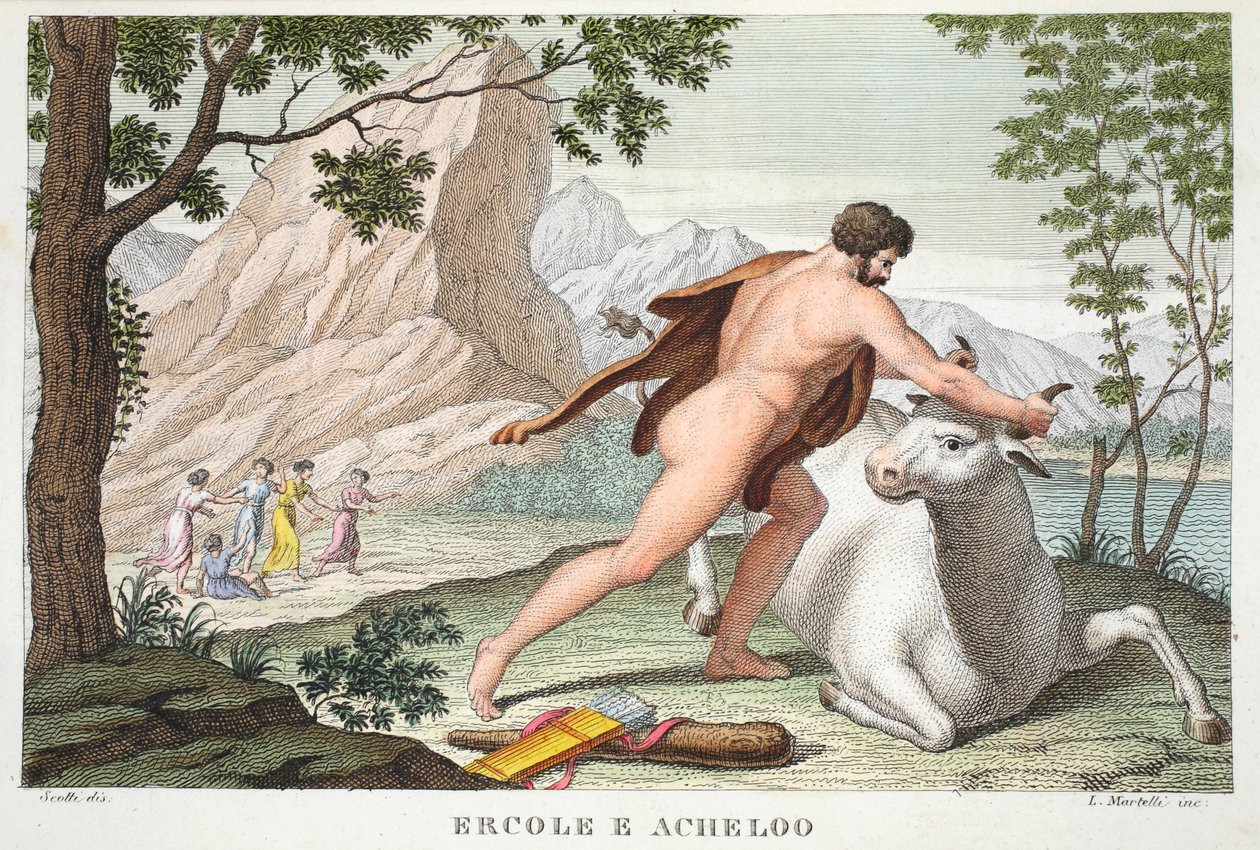Herkules és Achelous vagy Ercole e Acheloo, IX. könyv, illusztráció Ovidius Metamorfózisaiból, Firenze, 1832 (kézzel színezett metszet) alkotó: Luigi Ademollo