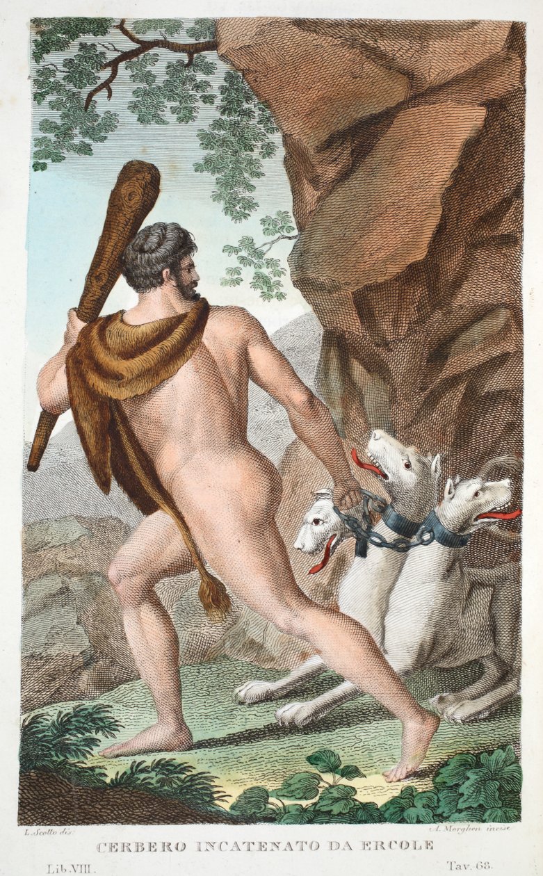 Hercules és Cerberus vagy Cerbero Incatenato da Ercole, VII. könyv, illusztráció Ovidius Metamorphoses című művéből, Firenze, 1832 (kézzel színezett metszet). alkotó: Luigi Ademollo