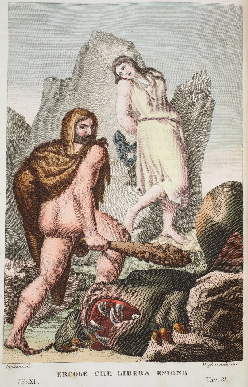 Herkules megmenti Hesionét vagy Ercole che Libera Enionét, XI. könyv, illusztráció Ovidius Metamorfózisaiból, Firenze, 1832 (kézzel színezett metszet) alkotó: Luigi Ademollo