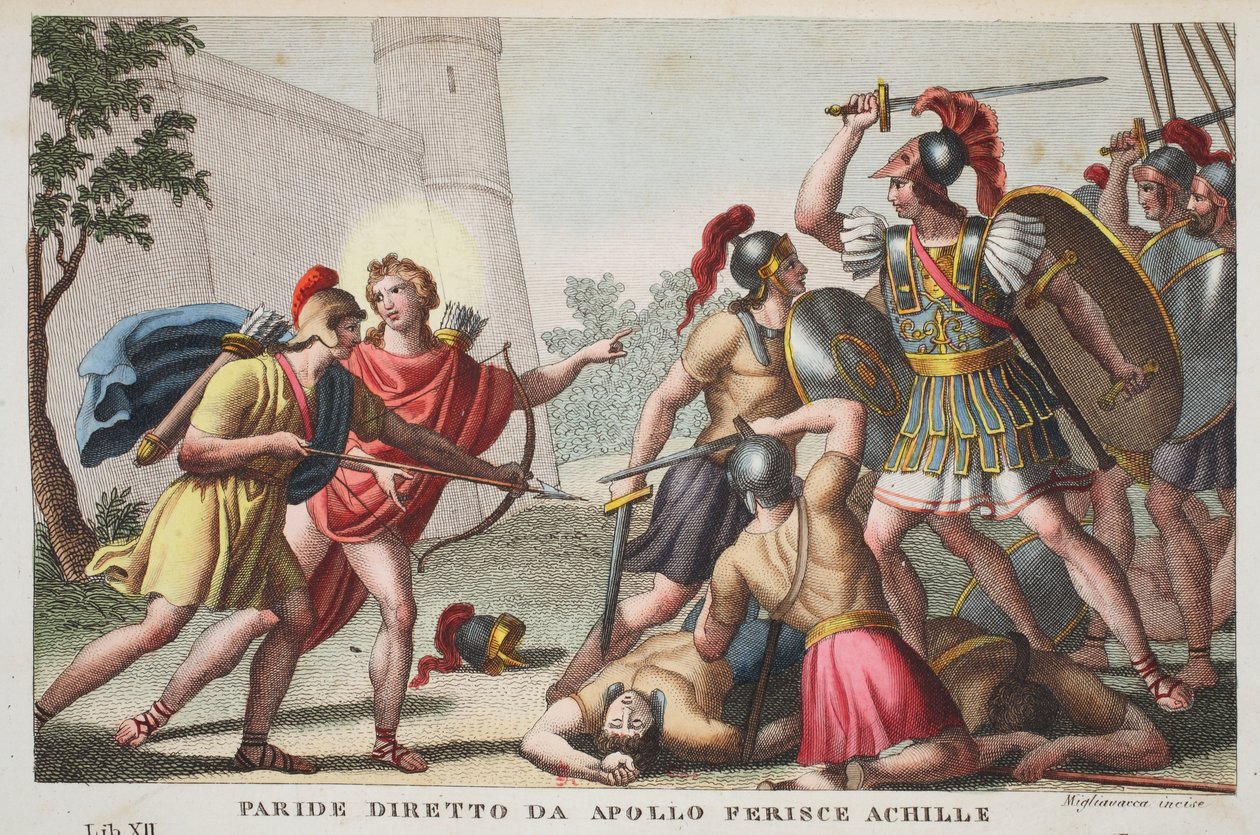 Paris Kills Achilles vagy Paride diretto da Apollo Ferince Achille, XIII. könyv, illusztráció Ovidius Metamorfózisaiból, Firenze, 1832 (kézzel színezett metszet) alkotó: Luigi Ademollo