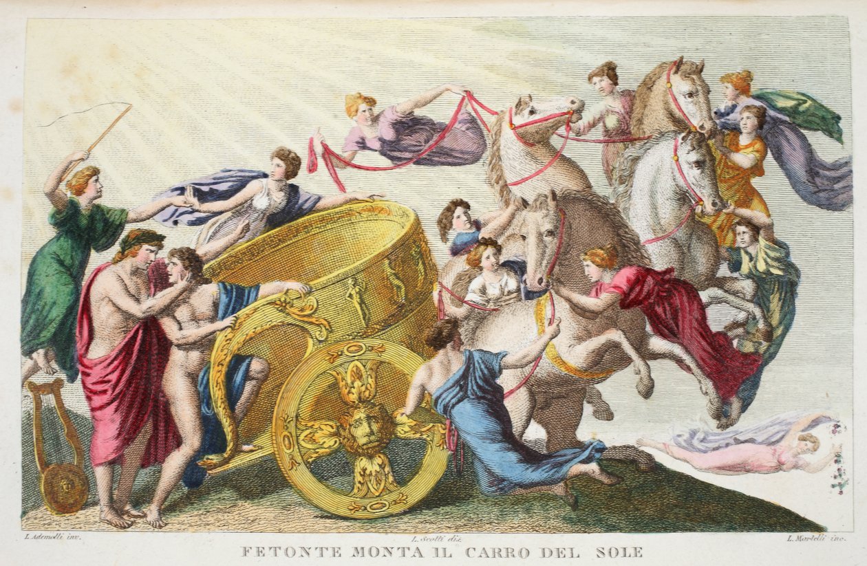 Phaeton hajtja a Nap szekerét vagy Fetonte Monta il Carro del Sole, II. könyv, illusztráció Ovidius Metamorphoses című művéből, Firenze, 1832 (kézzel színezett metszet). alkotó: Luigi Ademollo