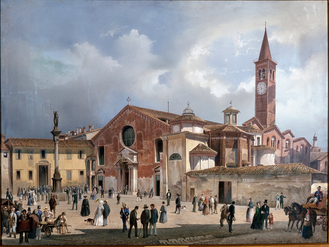 Kilátás a Szent Eustorgius-bazilikára, Milánó (olaj, vászon). alkotó: Luigi Bartezzati