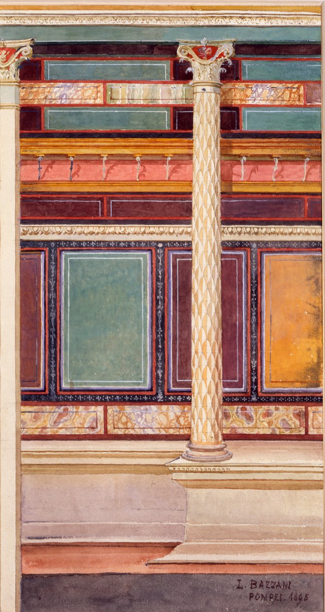 Építészeti stílusú freskó a cubiculumban, Ezüstlakodalom Háza, Pompeji, 1897 alkotó: Luigi Bazzani