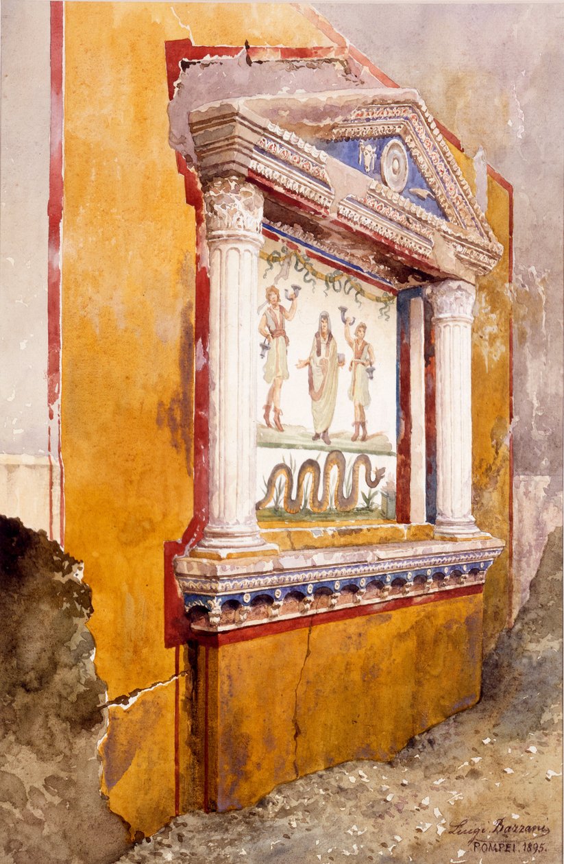 A családi oltár larariuma, in situ ásatás után, Aulus Vettius háza, Pompei, i.sz. 36-39 körül, 1895 alkotó: Luigi Bazzani