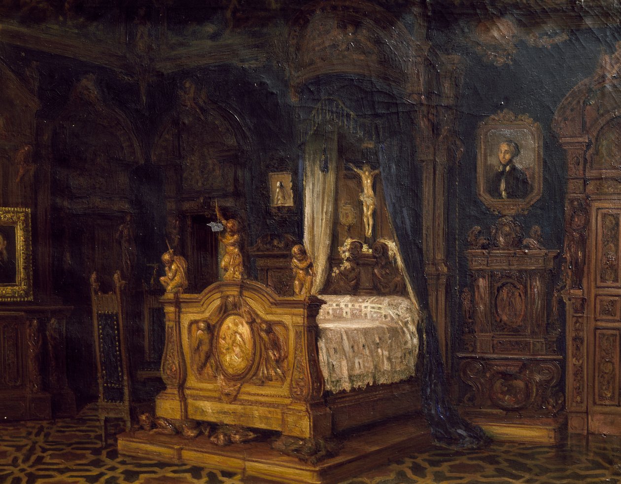 Gian Giacomo Poldi Pezzoli nemes hálószobájának belseje, 1860 körül alkotó: Luigi Bisi