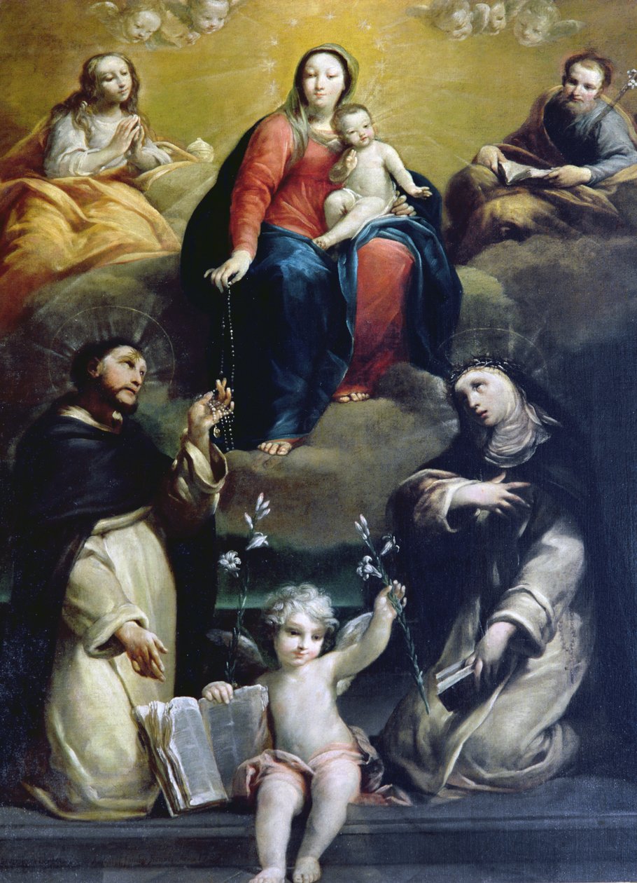 A Rózsafüzér Madonna SS Domonkossal, Katalinnal, Mária Magdolnával és Józseffel, 1732 alkotó: Luigi Crespi