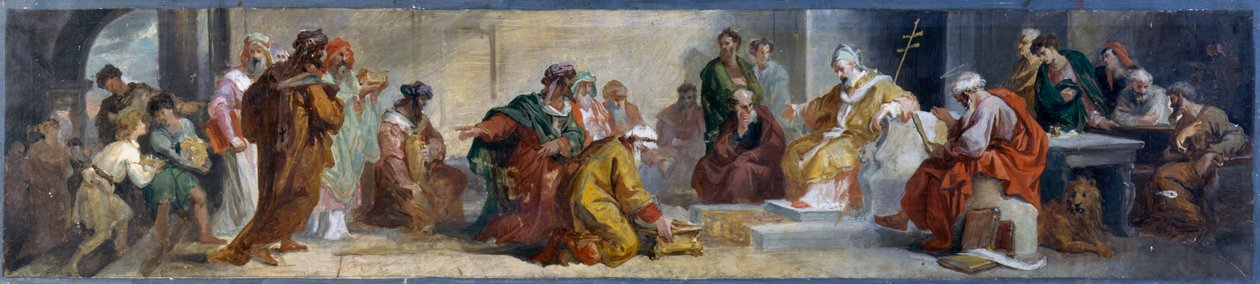 Damasus pápa keleti személyiségeket fogad, Luigi Fontana (1827-1908), előkészítő vázlat a San Lorenzo in Damaso bazilikában Rómában, Olaszországban alkotó: Luigi Fontana