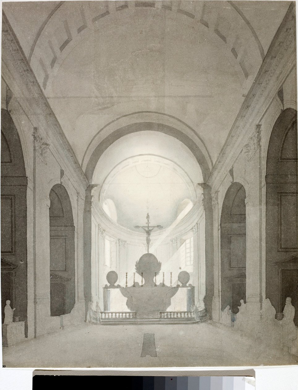 Egy templom belső képe (Rajz és akvarell, 1825 körül) alkotó: Luigi Garibbo