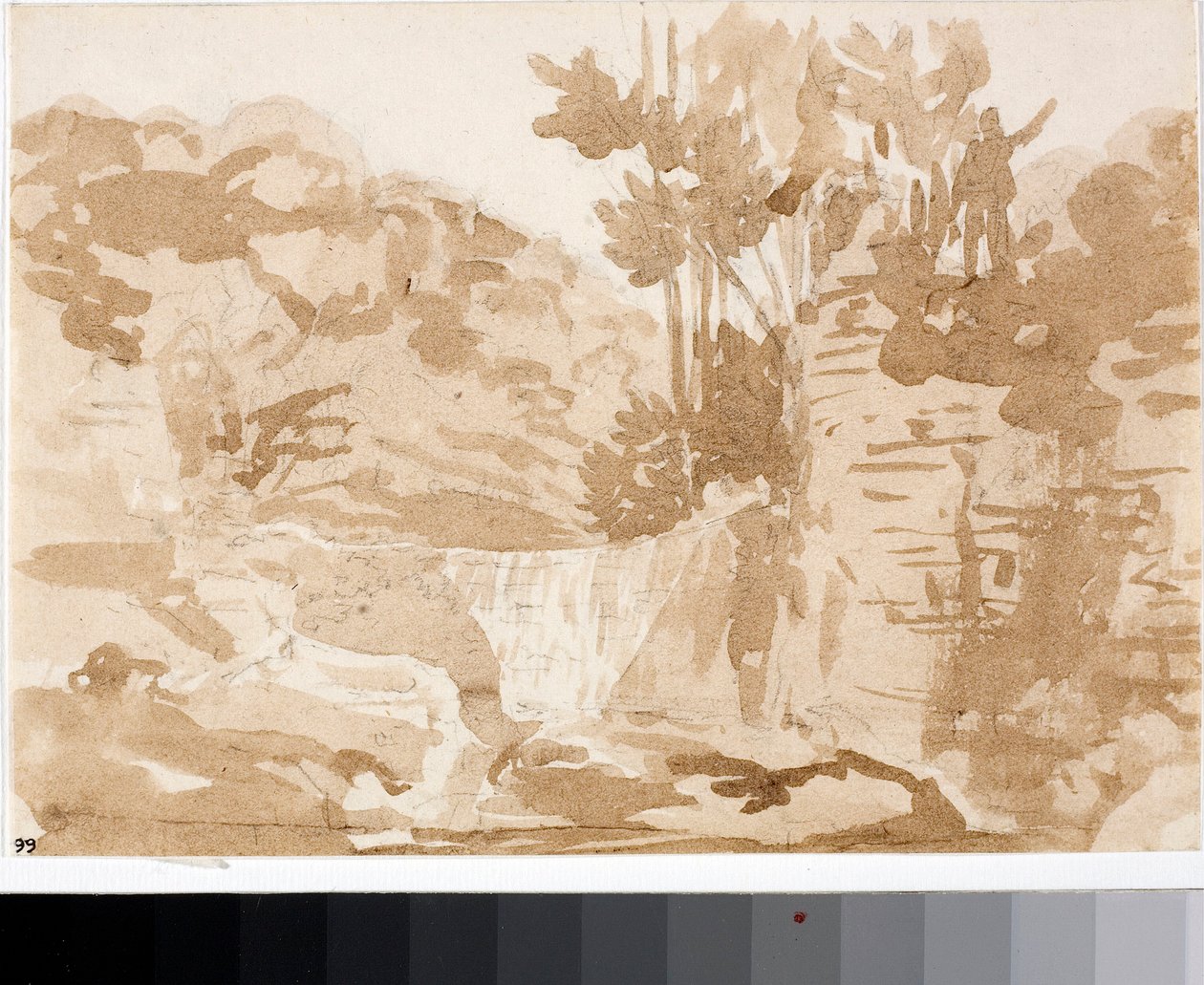 Táj vízesésekkel Settignanóban, Toszkánában (akvarell, kb. 1820) alkotó: Luigi Garibbo