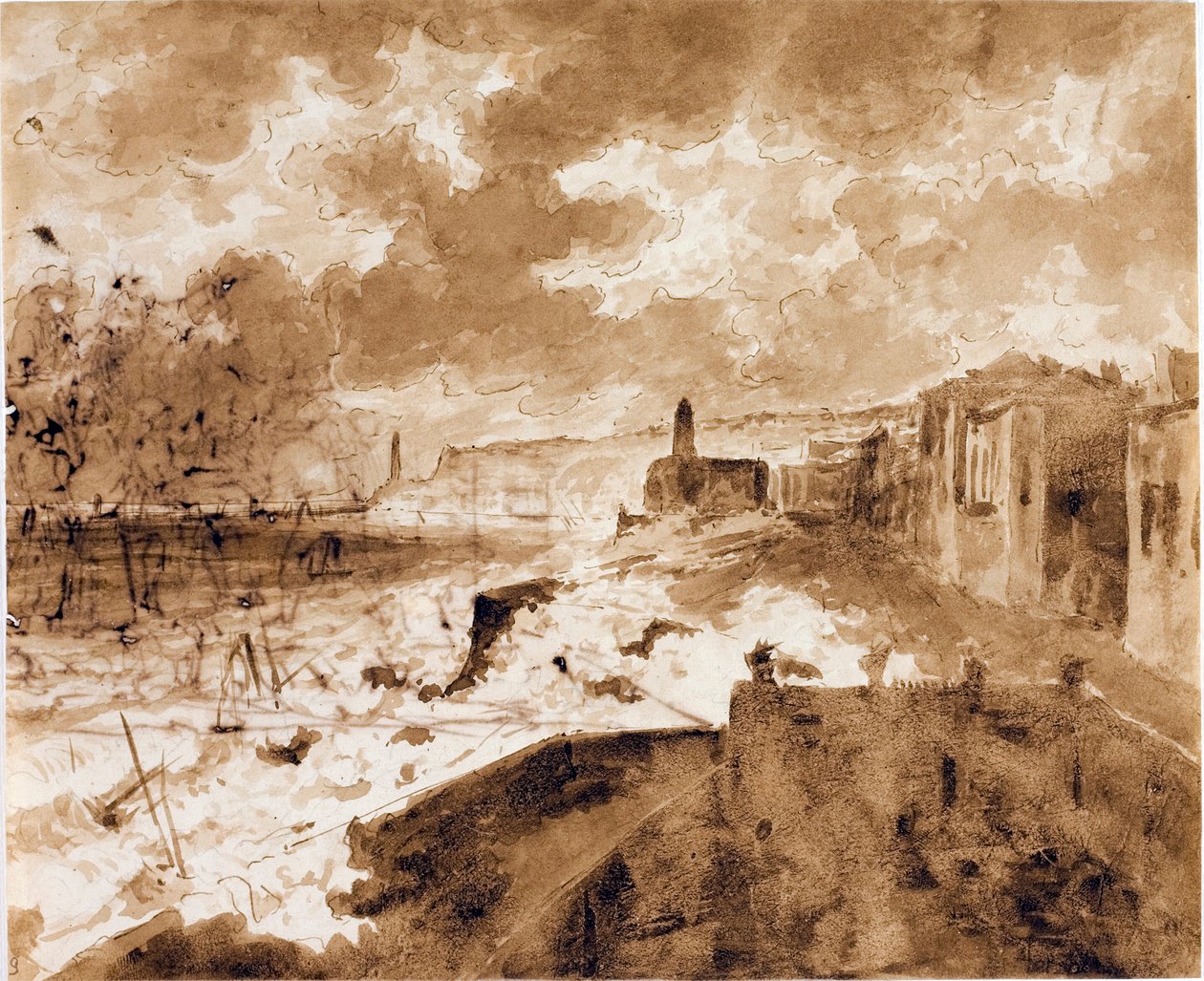 Tengerpart Genovában, az 1821-es dagály idején (akvarell, 1821 körül) alkotó: Luigi Garibbo