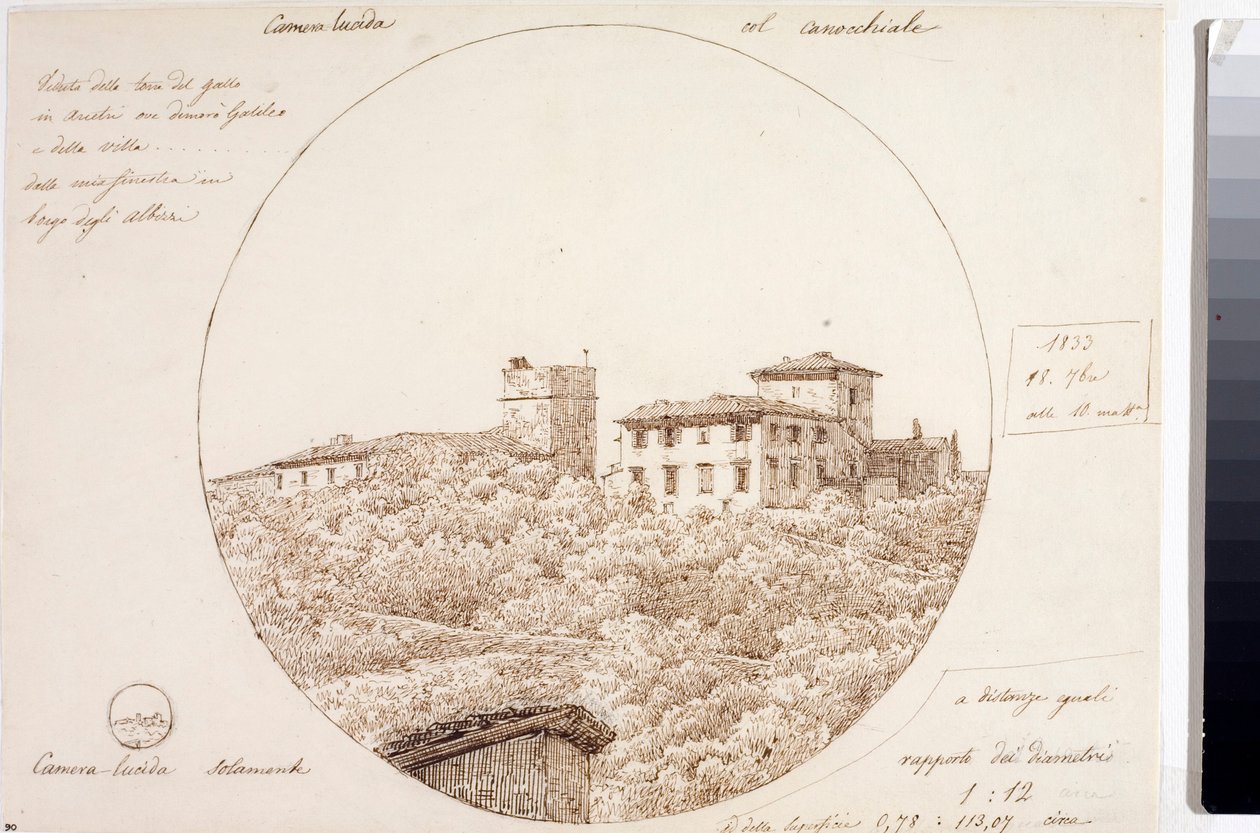 Torre del Gallo teleszkópos képe a Firenze melletti Arcetriben (rajz, 1833 körül) alkotó: Luigi Garibbo