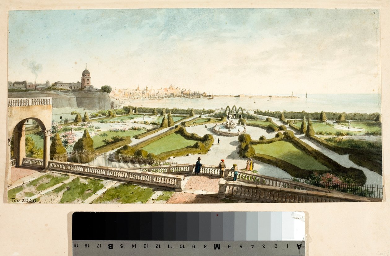 Doria herceg villájának parkja és Genova a háttérben (Rajz és akvarell, 1825 körül) alkotó: Luigi Garibbo