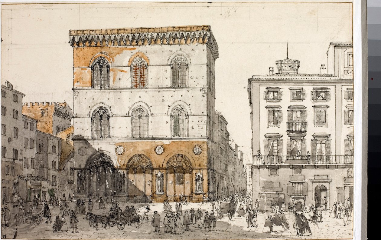 Kilátás a firenzei Orsanmichele templomra (akvarell, kb. 1820) alkotó: Luigi Garibbo