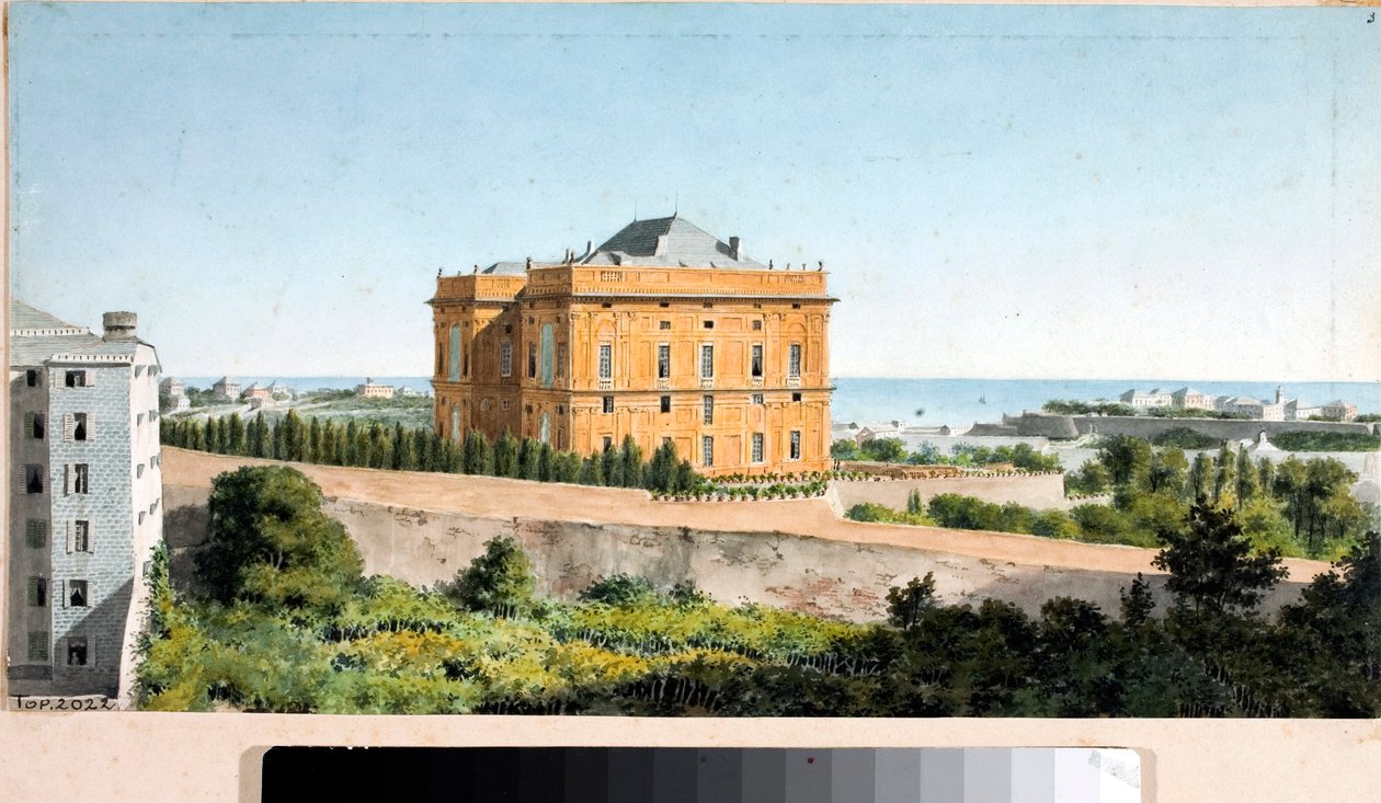 Kilátás a Palazzo delle Peschiere nevű Palazzo Pallavicinire, Genova (akvarell, 1825 körül) alkotó: Luigi Garibbo