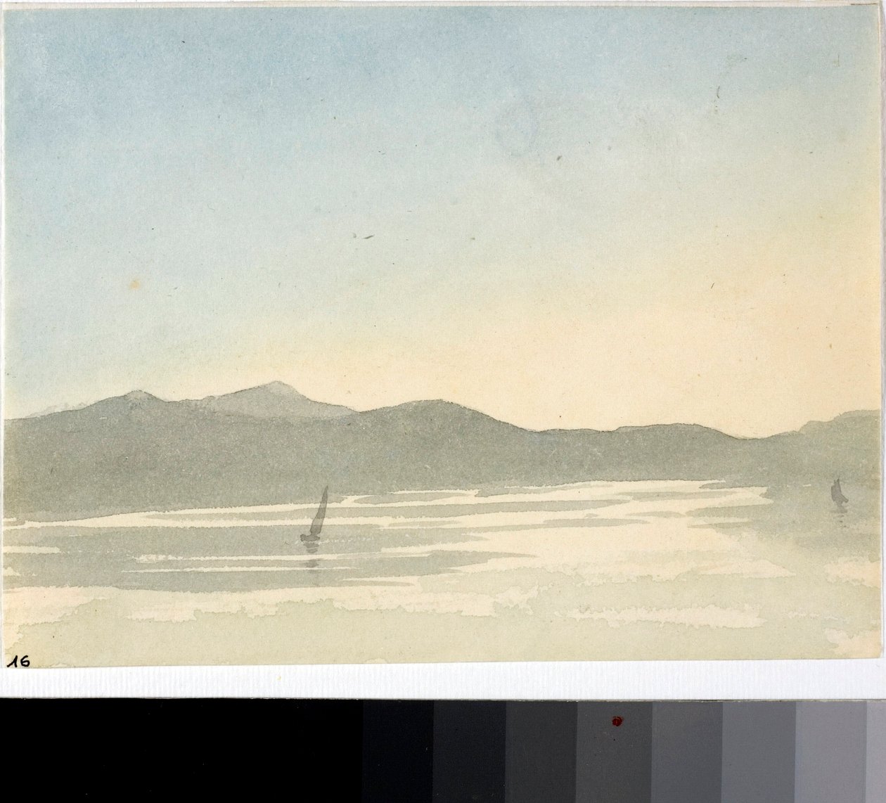 Kilátás egy tóra hajnalban (akvarell, 1825 körül) alkotó: Luigi Garibbo