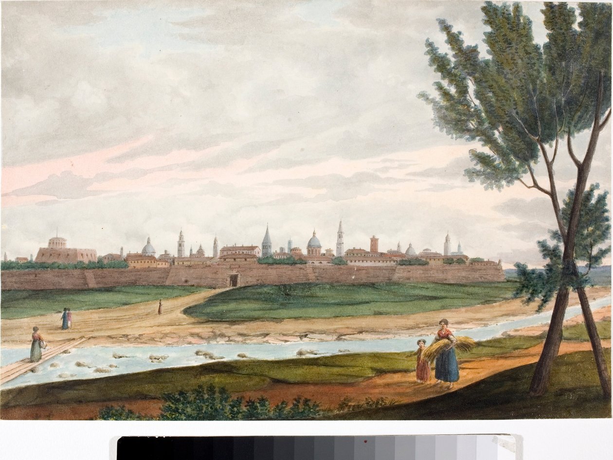 Kilátás egy fallal körülvett városra, valószínűleg Luccára Toszkánában (Tinta és akvarell, 1820 körül) alkotó: Luigi Garibbo