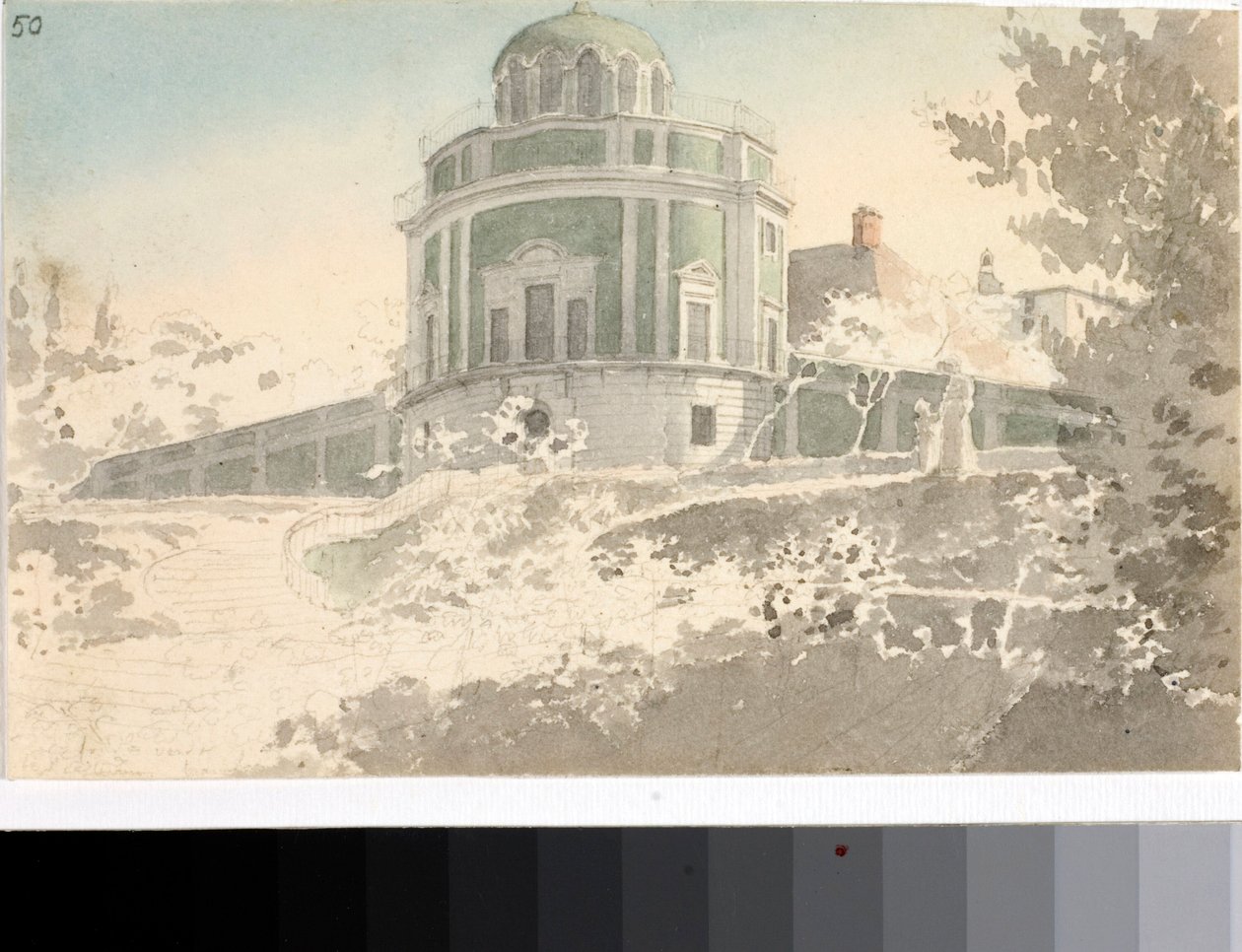 Kilátás a Kaffeehause pavilonra Boboli kertjében (akvarell, 1825 körül) alkotó: Luigi Garibbo