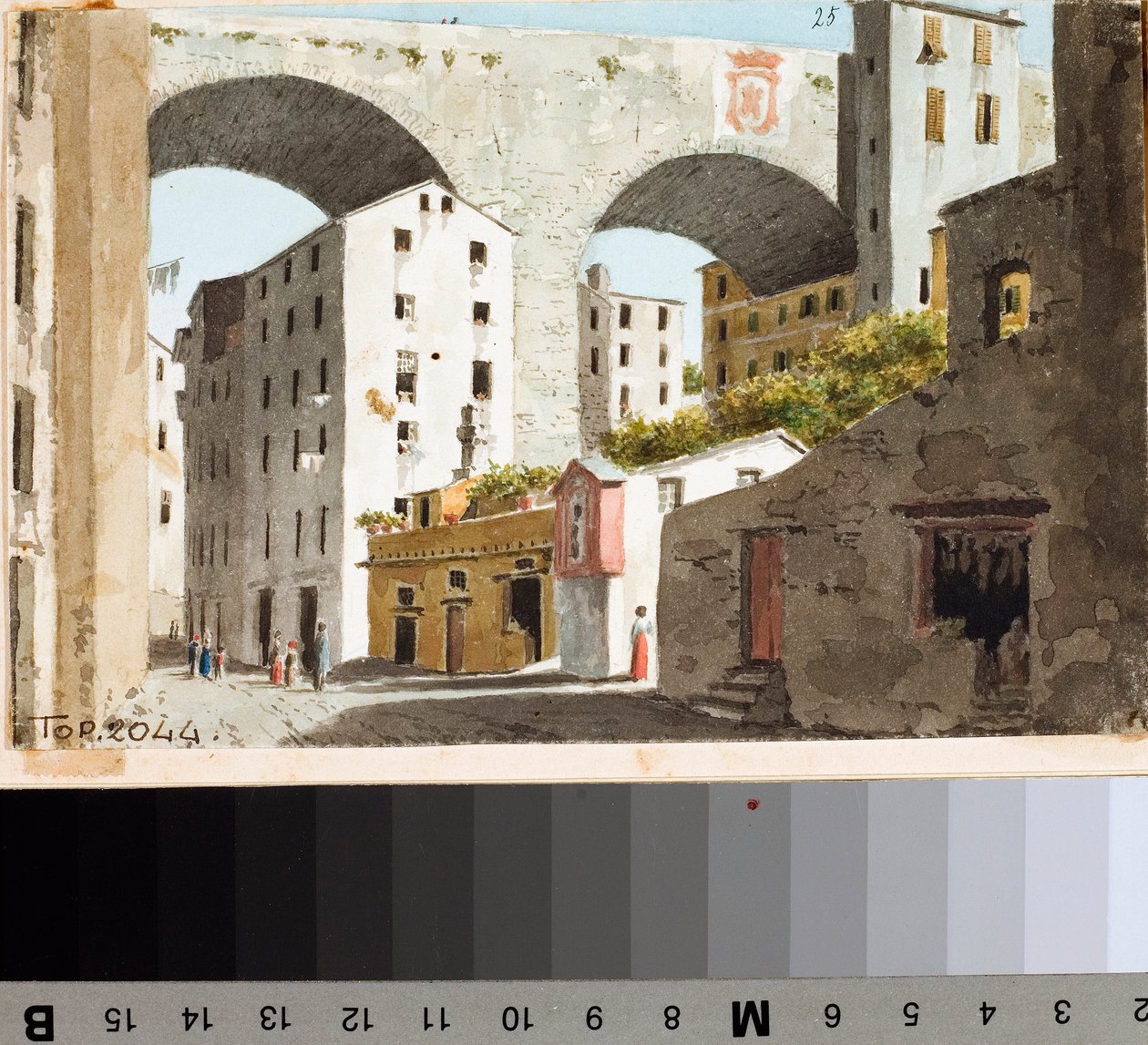Kilátás a genovai Carignano hídra (rajz és akvarell, 1825 körül) alkotó: Luigi Garibbo