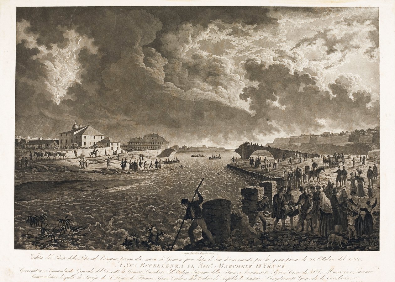 Kilátás a genovai Pila hídra, a Bisagno-özön áradása után 1822.10.26-án (Rézkarc, 1822 körül) alkotó: Luigi Garibbo