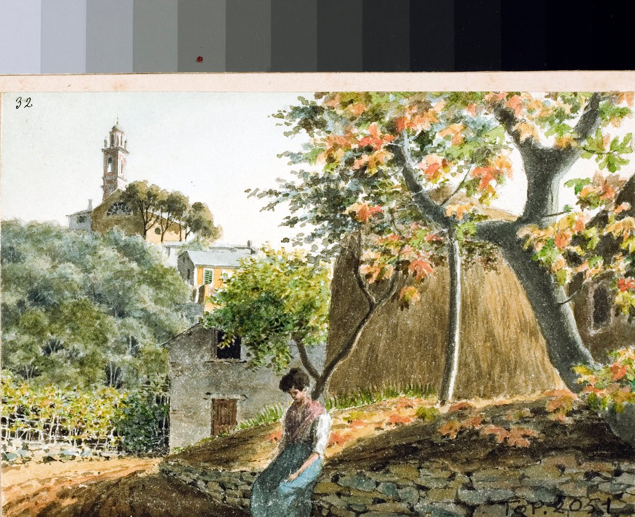 Kilátás a San Bartolomeo-templomra a Staglieno-hegyen, Genova (Rajz és akvarell, 1825 körül) alkotó: Luigi Garibbo