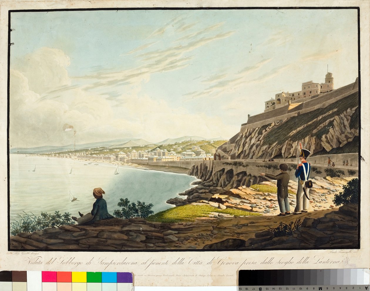 Kilátás a Sampierdarena kerületre Genovától nyugatra, a világítótoronyból. (Rézkarc, 1813-1814 körül) alkotó: Luigi Garibbo