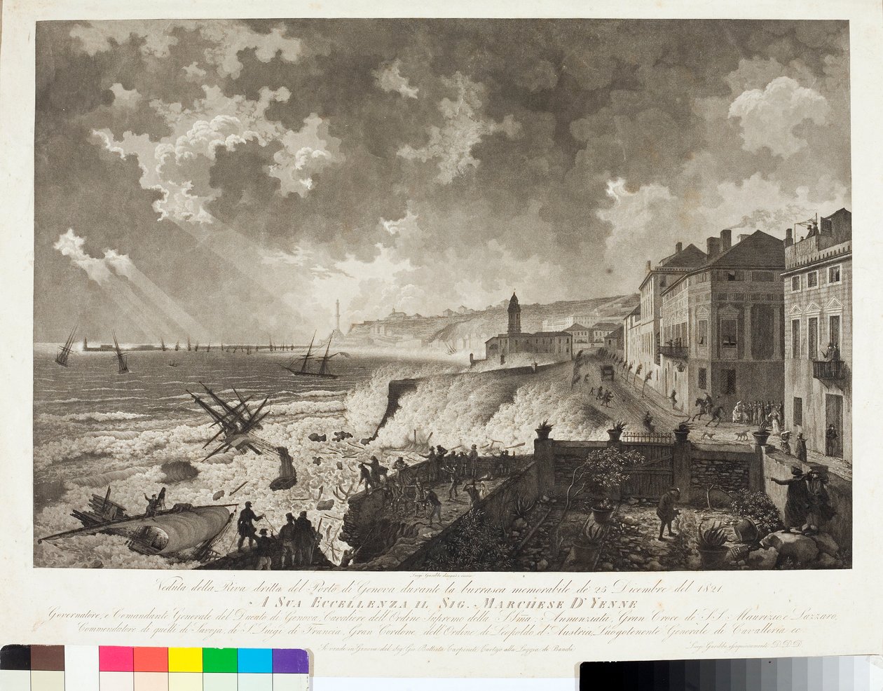 Kilátás Genova kikötőjére az 1821.12.25-i Tempete idején (metszet, 1821 körül) alkotó: Luigi Garibbo