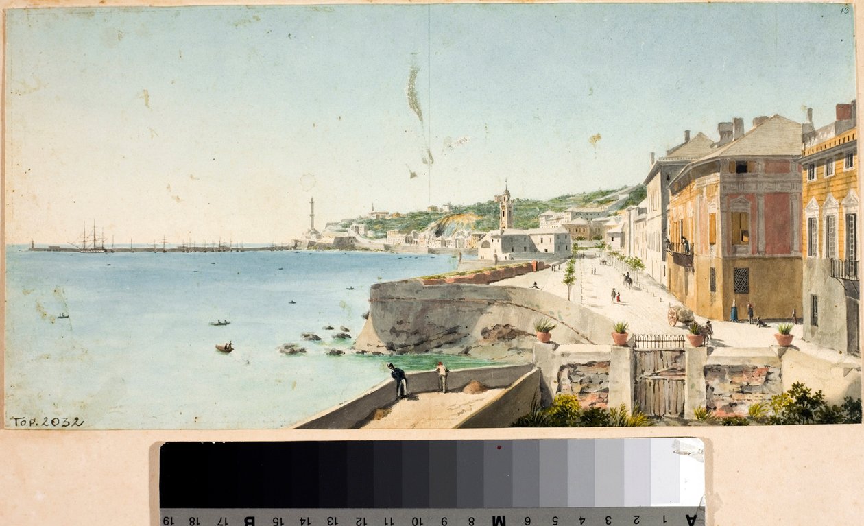Kilátás Genova kikötőjére a Lanternával, a város világítótornyával, a bástyákkal és a San Teodoro templommal (akvarell alkotó: Luigi Garibbo