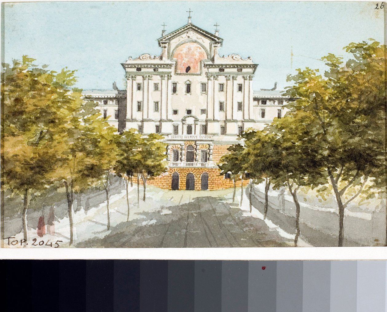 A genovai szegények hospice látképe (Rajz és akvarell, 1825 körül) alkotó: Luigi Garibbo
