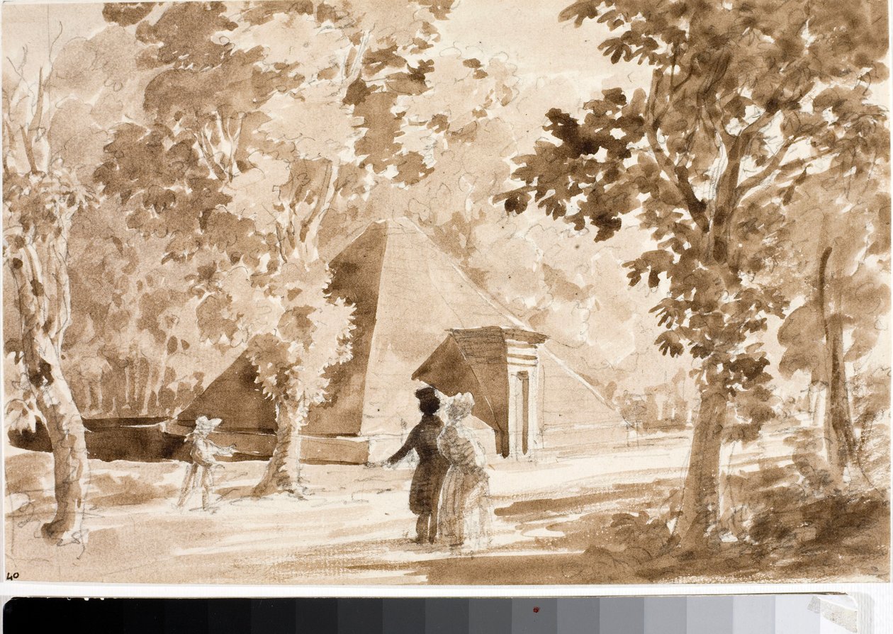 Kilátás a firenzei Parco delle Cascine piramisára (akvarell, 1820 körül) alkotó: Luigi Garibbo