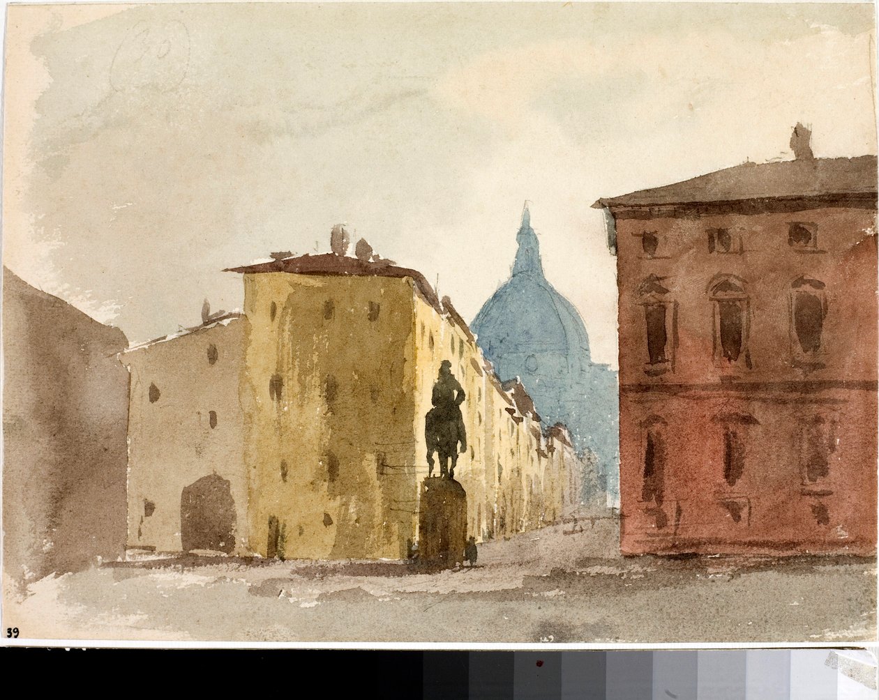 Kilátás a firenzei Santa Annunziata templom terére (akvarell, 1825 körül) alkotó: Luigi Garibbo