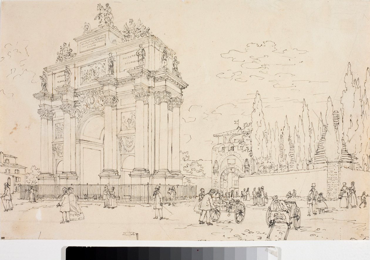 Kilátás a diadalívre a Porta san Galloban, Firenzében (rajz, 1825 körül) alkotó: Luigi Garibbo